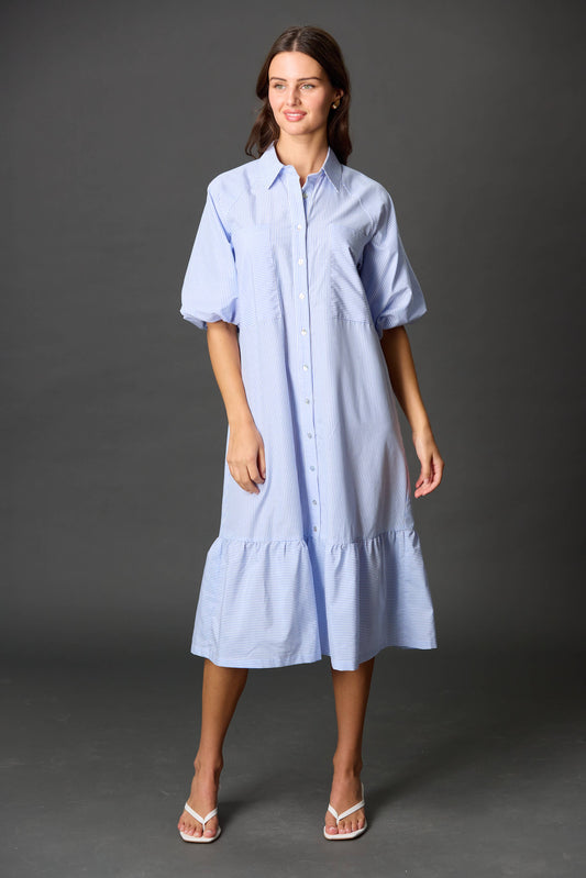 Striped Cotton Puff Sleeve Midi Dress