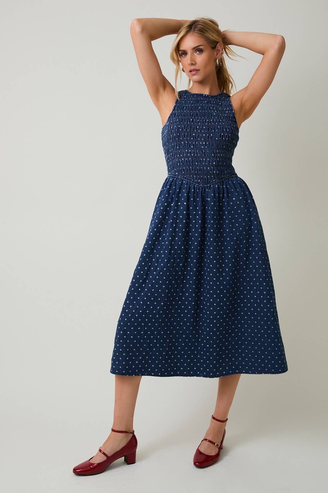 Denim Dot Smocked Midi Dress