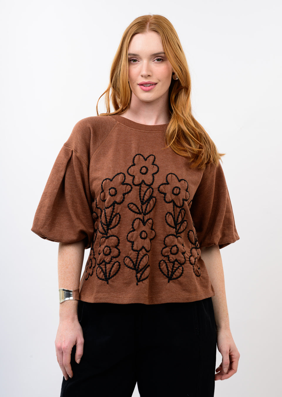 Floral Embroidered French Terry Crew