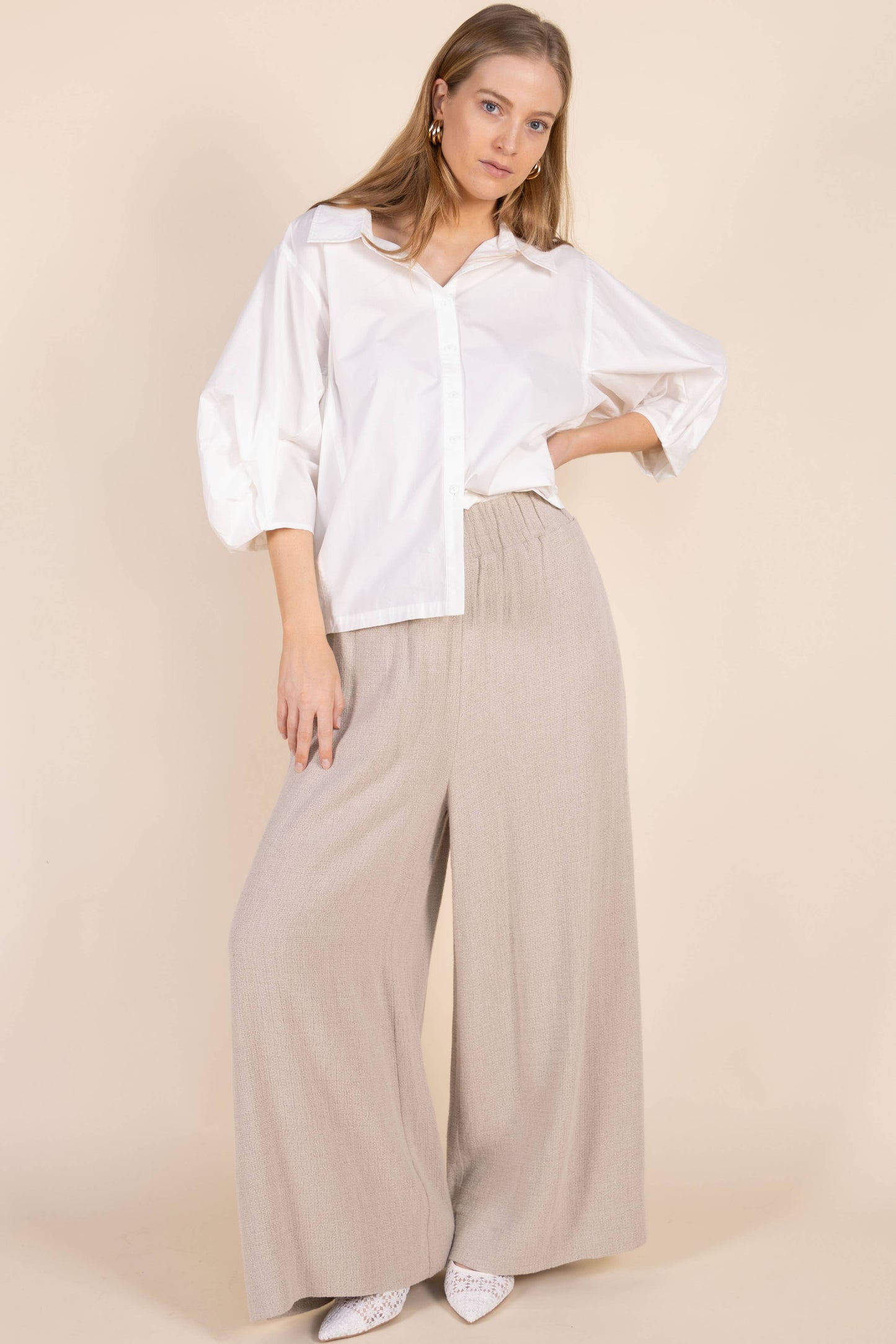 Poplin Bishop Sleeve Button Up Shirt