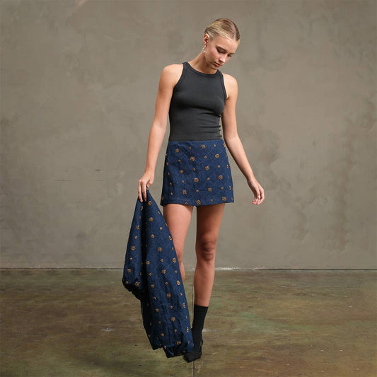 Embellished Quilted Denim Mini Skort