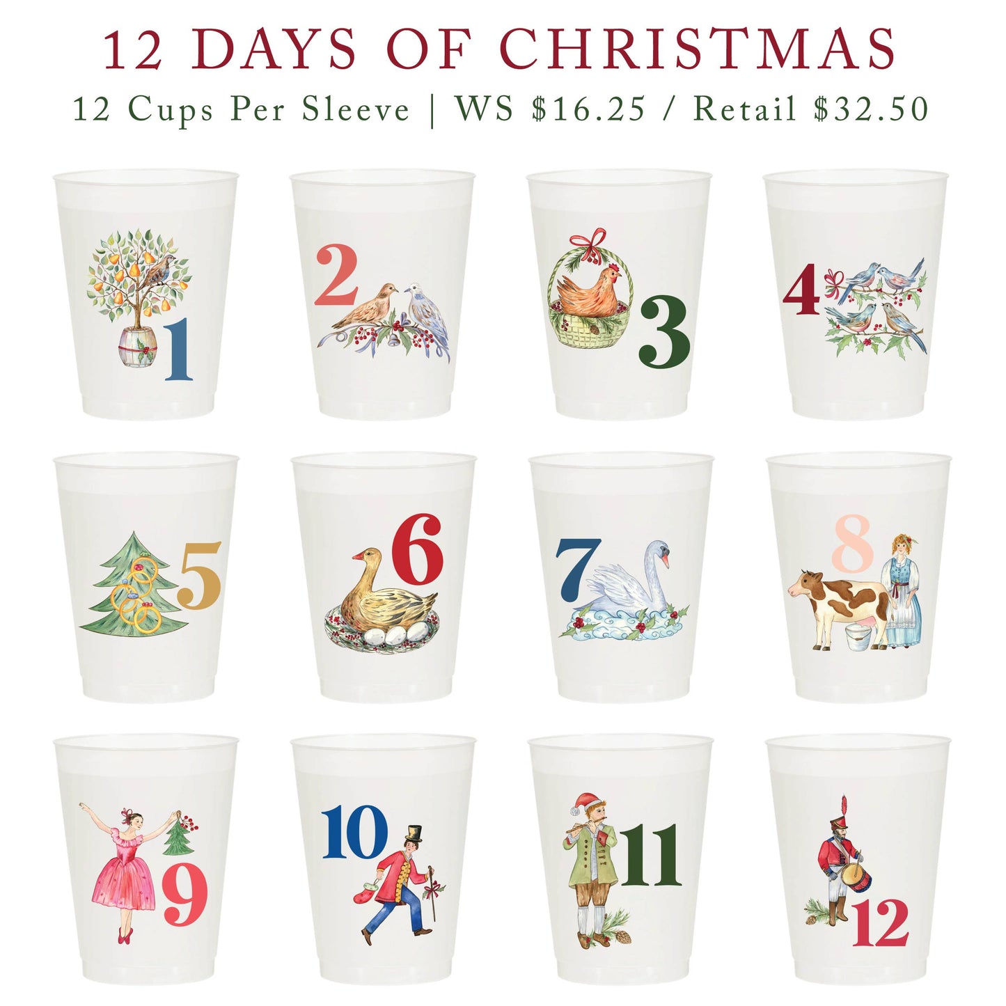 12 Days of Christmas Frosted Cups / 12 Cups - Christmas
