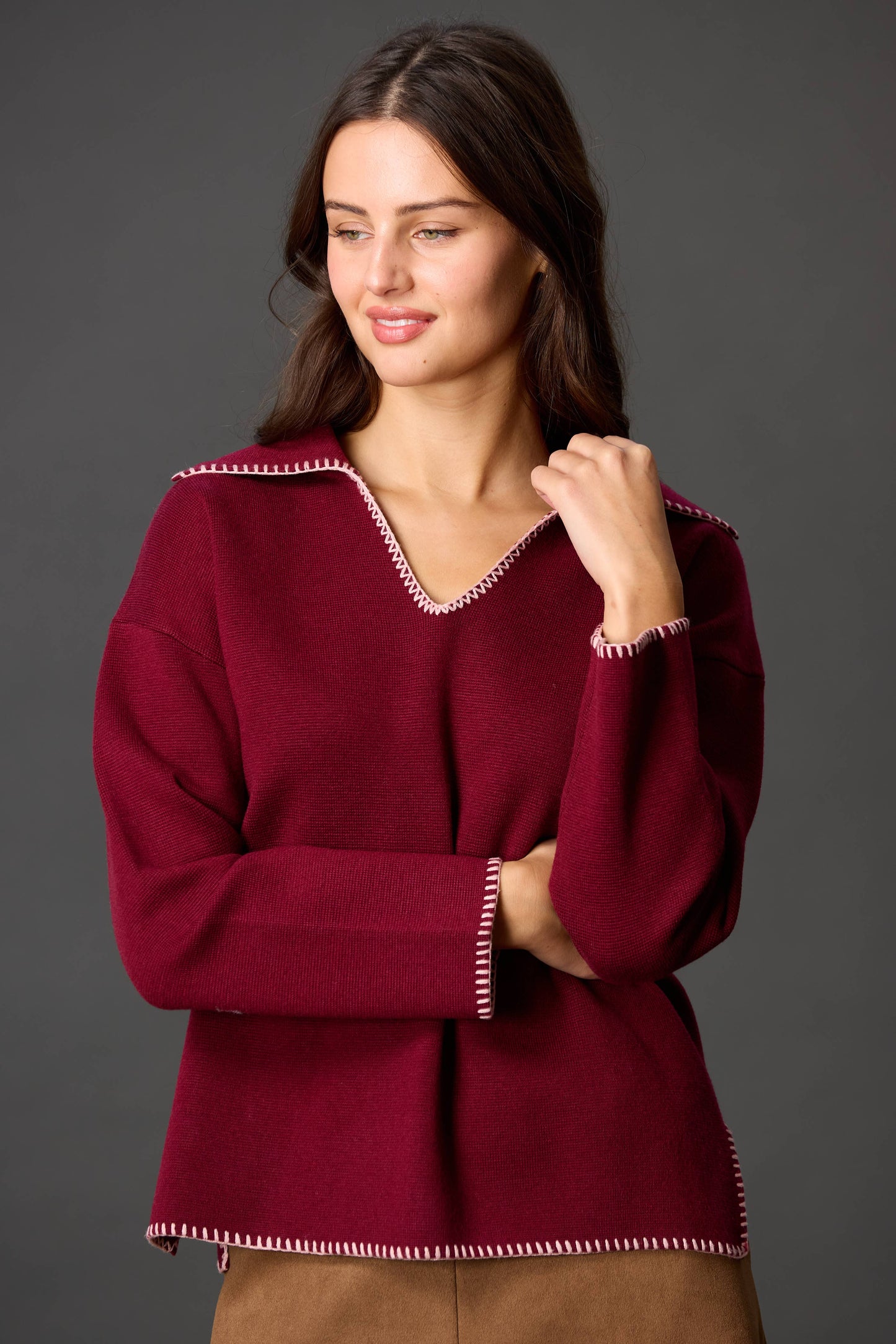 Wool Blend Blanket Stitch Detail Collared Knit Top