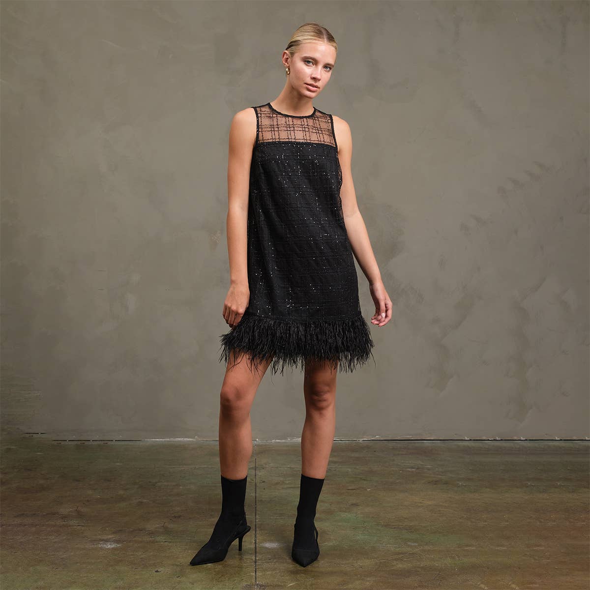 Holiday Dress With Feather Trim