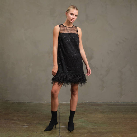 Holiday Dress With Feather Trim