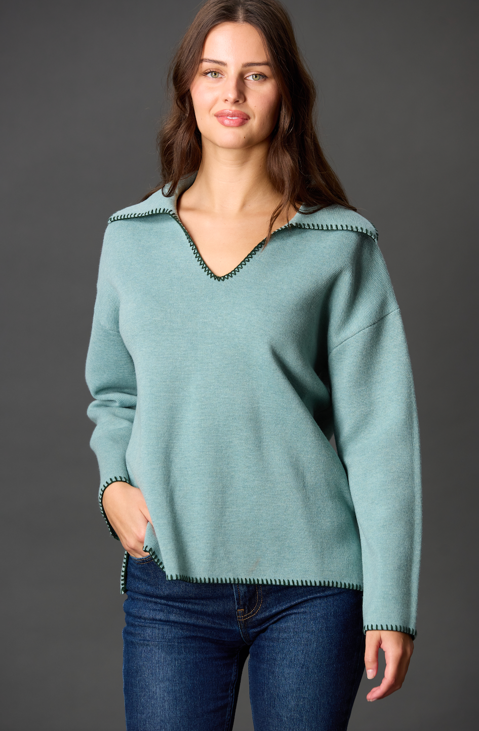 Wool Blend Blanket Stitch Detail Collared Knit Top