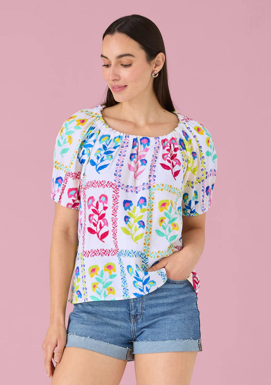Ava Top in White Floral Stamp