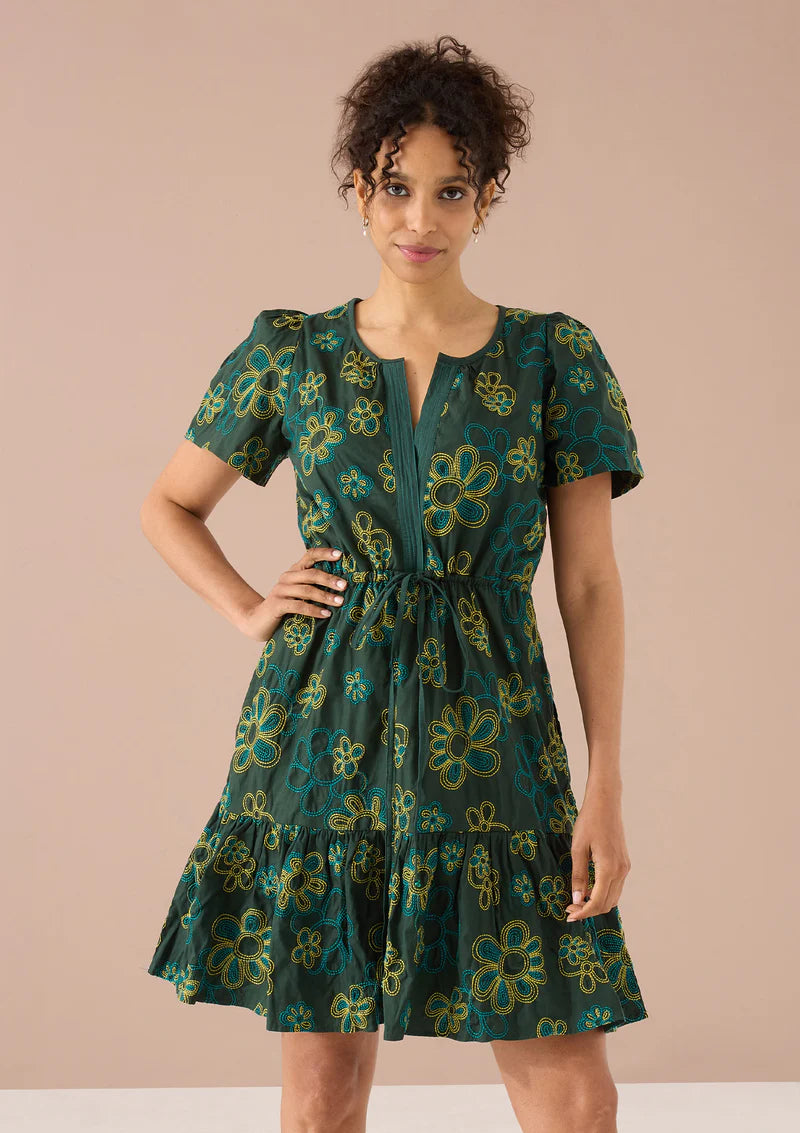 Bonnie Dress in Olive Retro Floral Embroidery