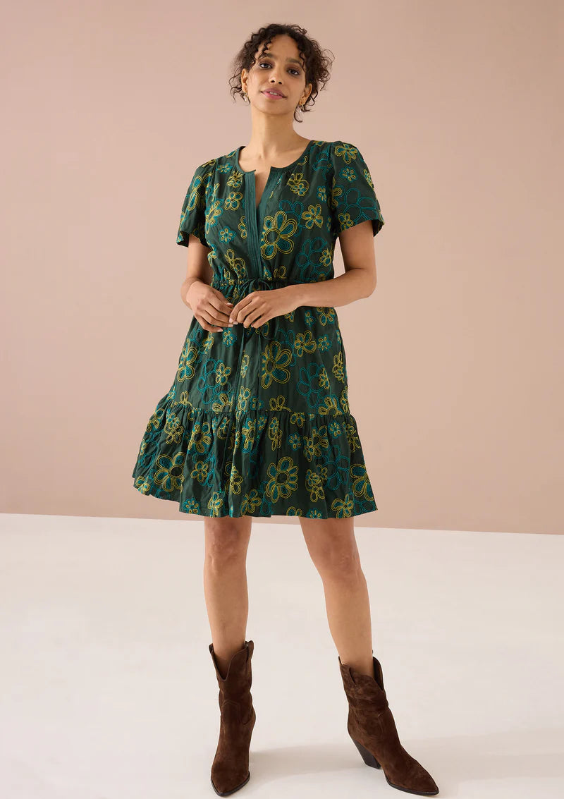 Bonnie Dress in Olive Retro Floral Embroidery