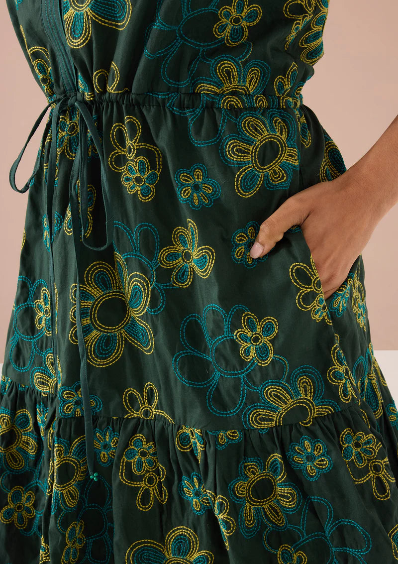 Bonnie Dress in Olive Retro Floral Embroidery