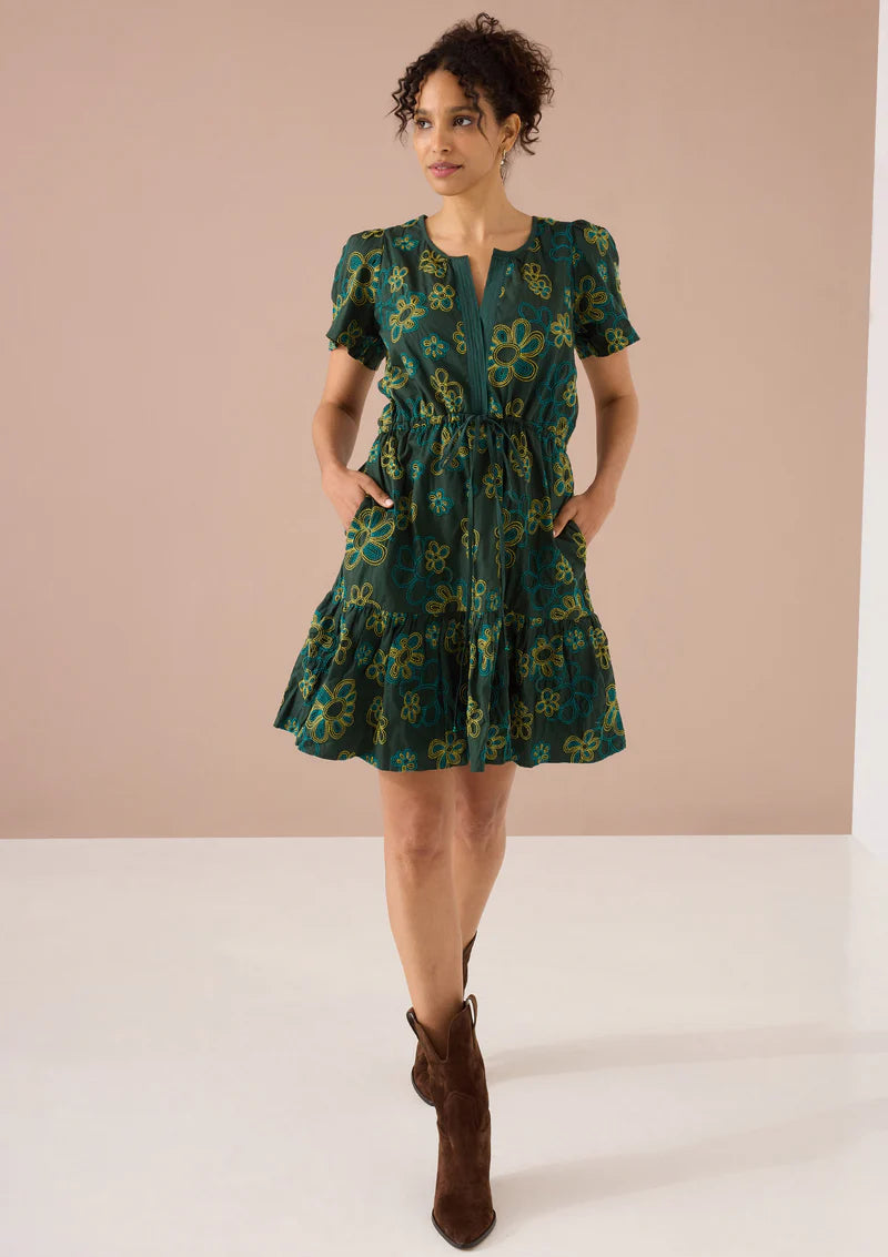 Bonnie Dress in Olive Retro Floral Embroidery