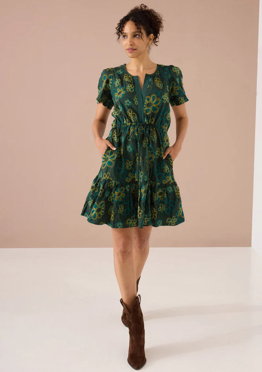 Bonnie Dress in Olive Retro Floral Embroidery