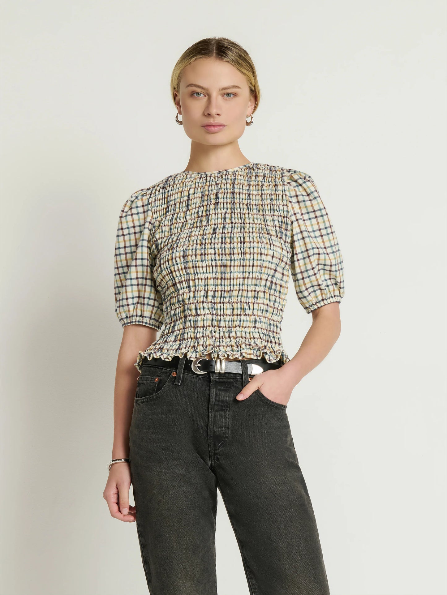 Brinley Smocked Top in Multi Plaid