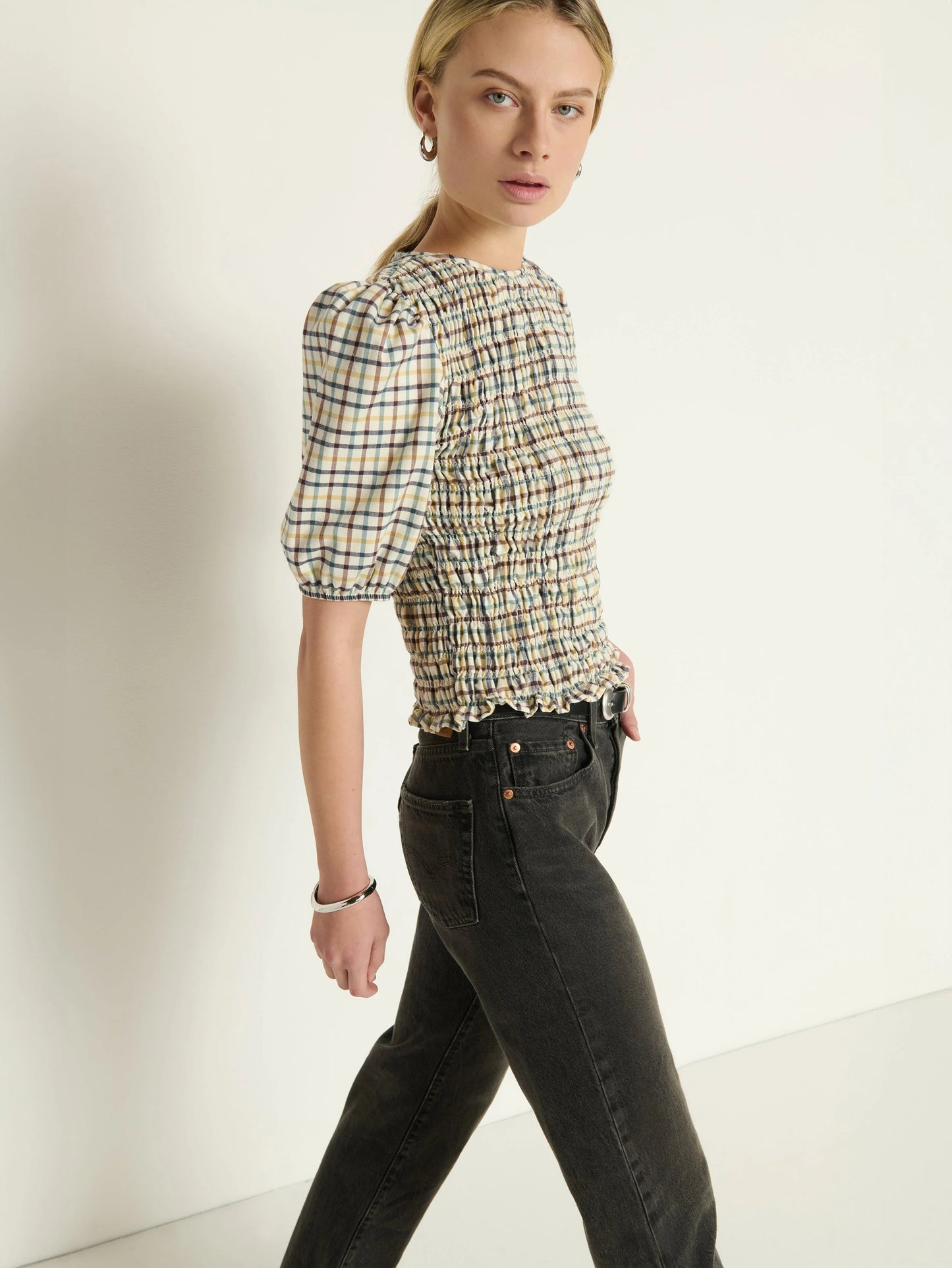 Brinley Smocked Top in Multi Plaid