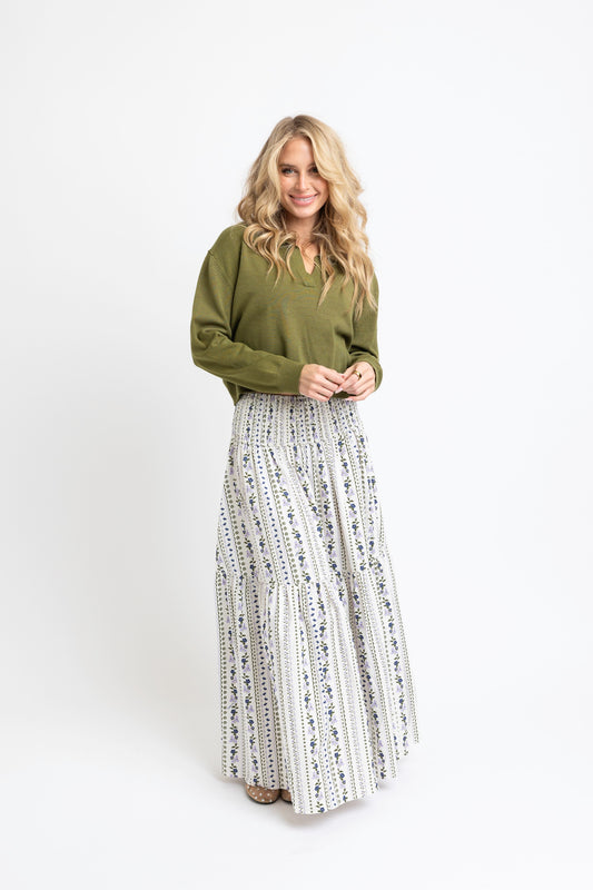 French Floral Tier Maxi Skirt in Olive