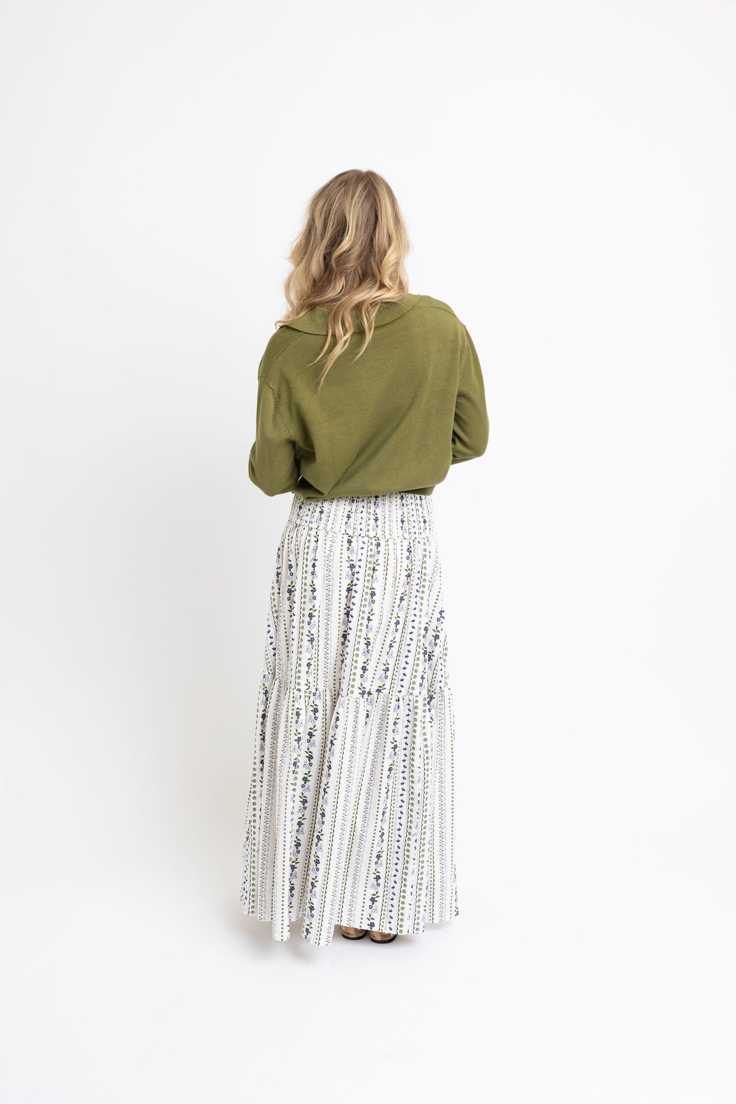 French Floral Tier Maxi Skirt in Olive
