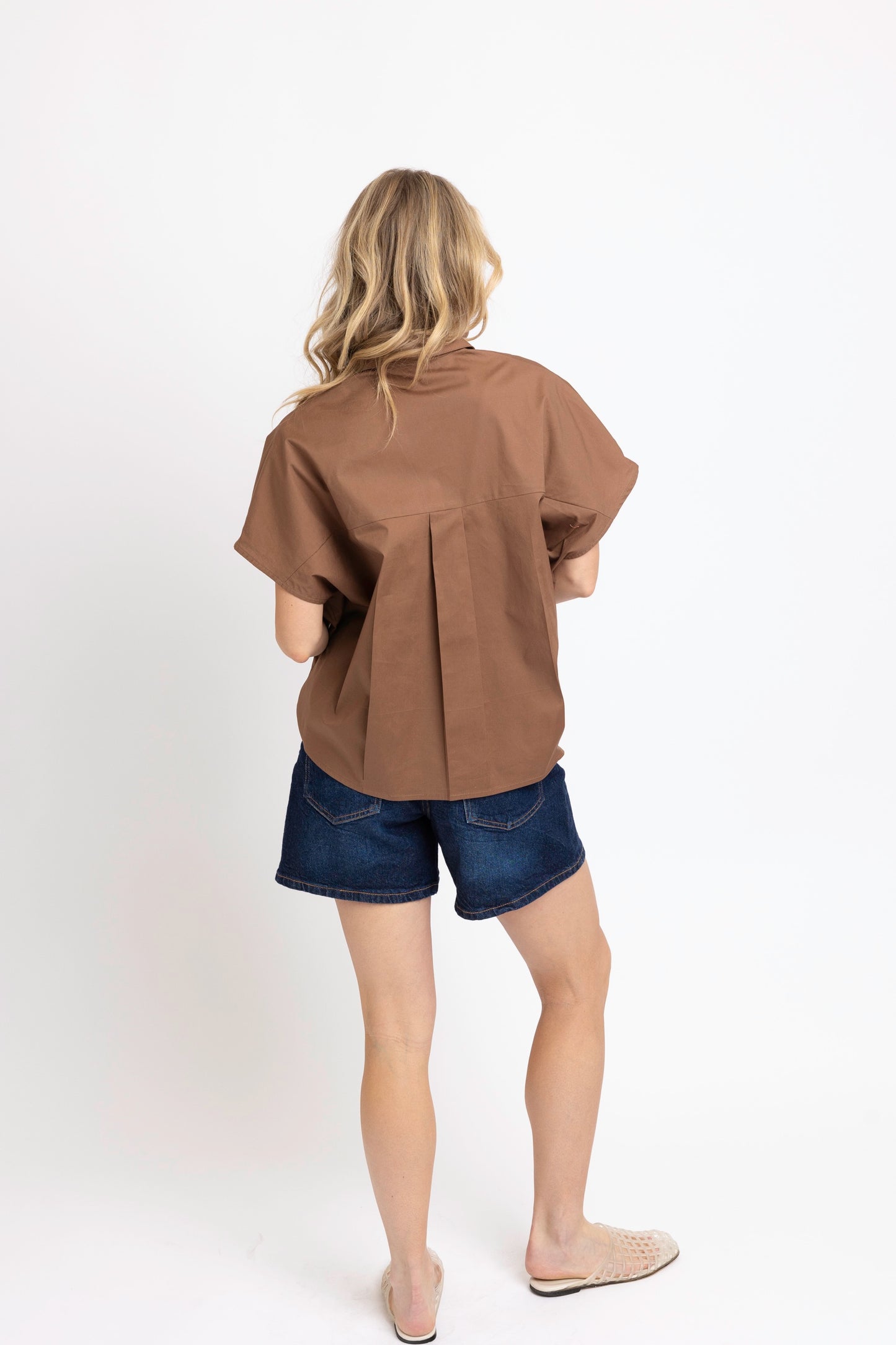 Solid Poplin Collar VNeck Top