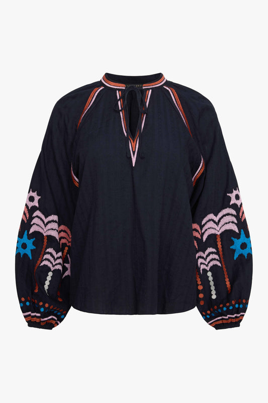 Phoebe Top in Peacoat Navy Palm Embroidery