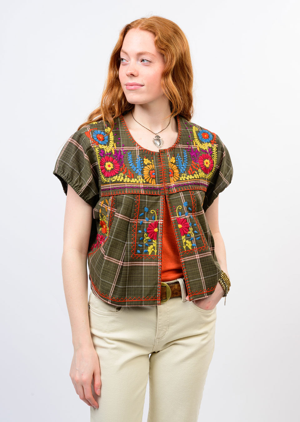 Bolero Shirt Jacket in Green Plaid
