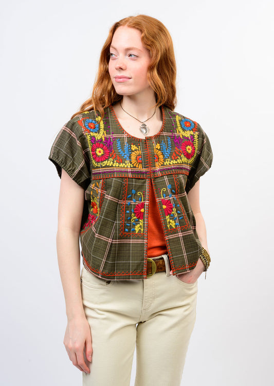Bolero Shirt Jacket in Green Plaid