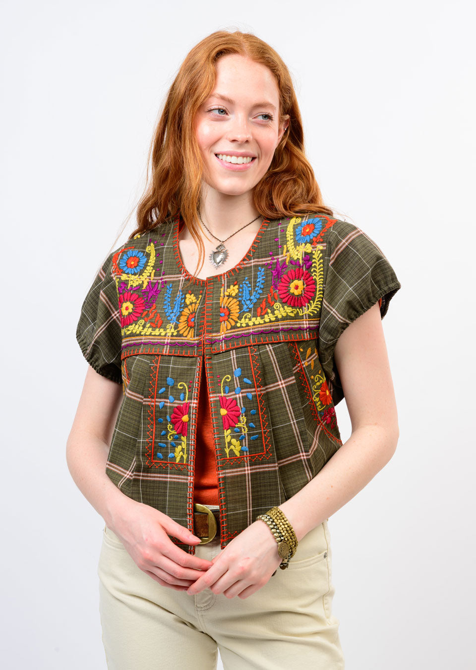 Bolero Shirt Jacket in Green Plaid