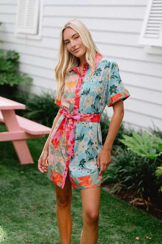 Elena Mini Dress in Colorblock Floral