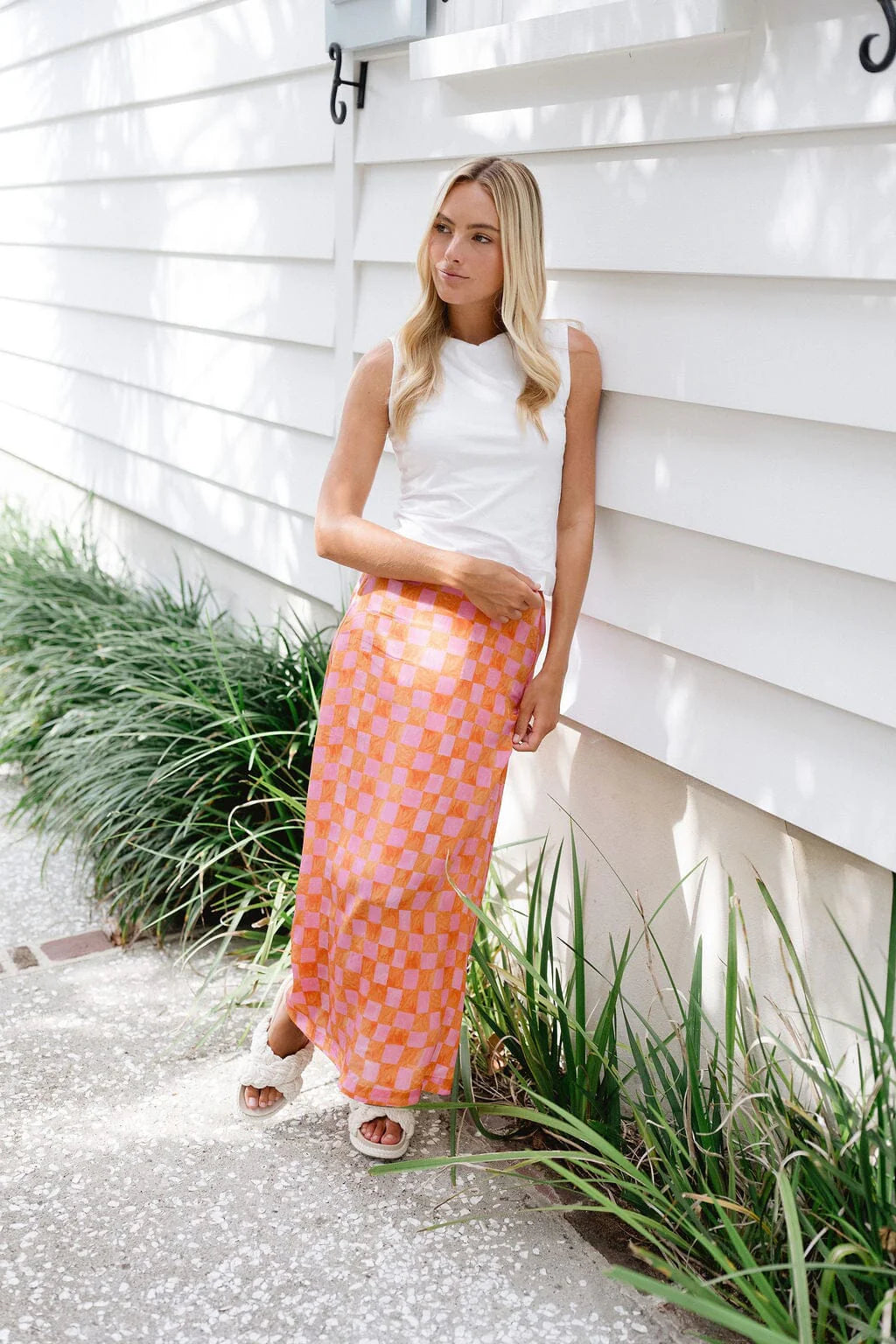 Tiffany Skirt in Sunset Checker Pink