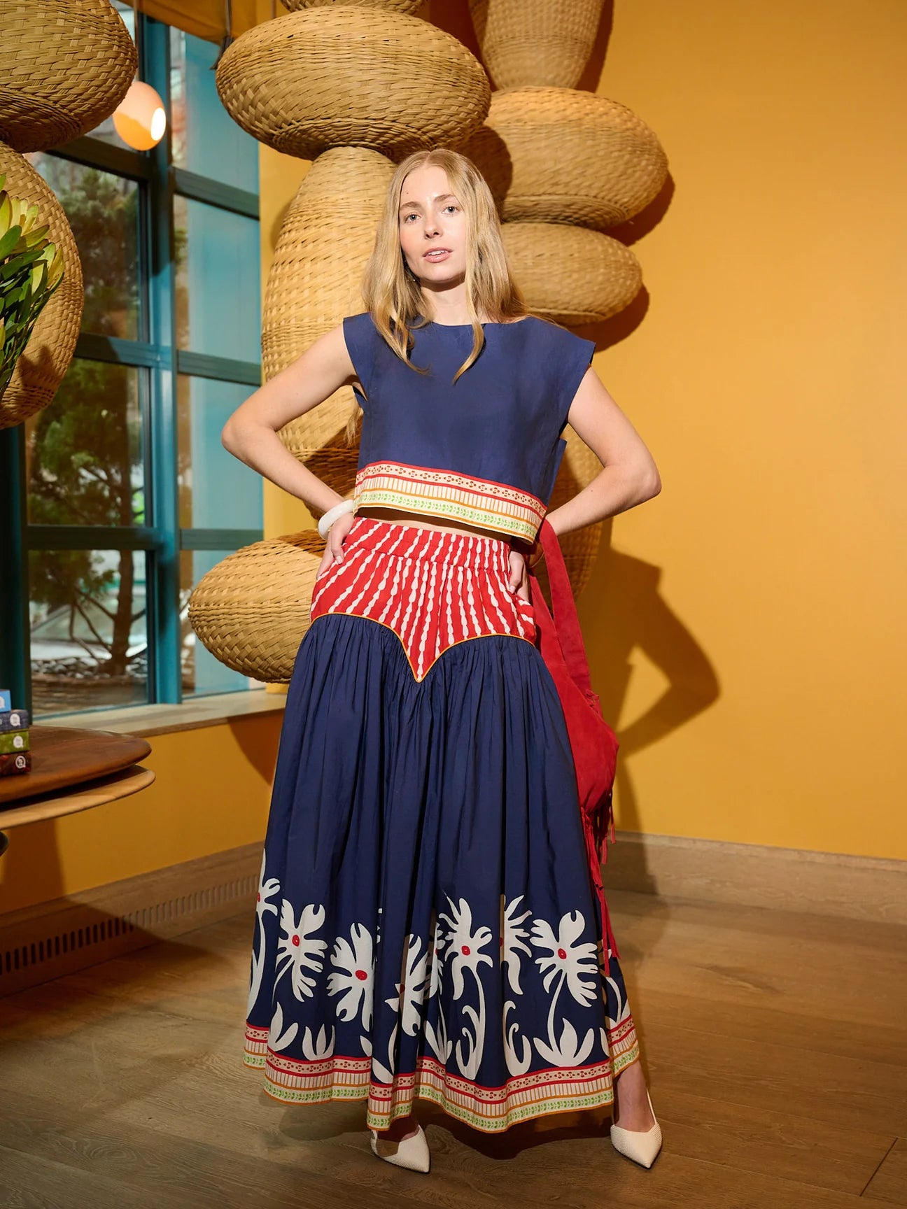 Arched Drop Waist Skirt in Painter's Garden Navy