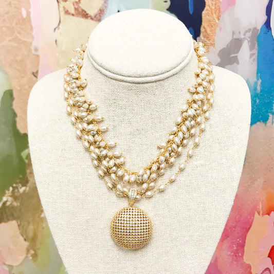 Filigree Circle Pendant on Triple Grape Pearl Rosary