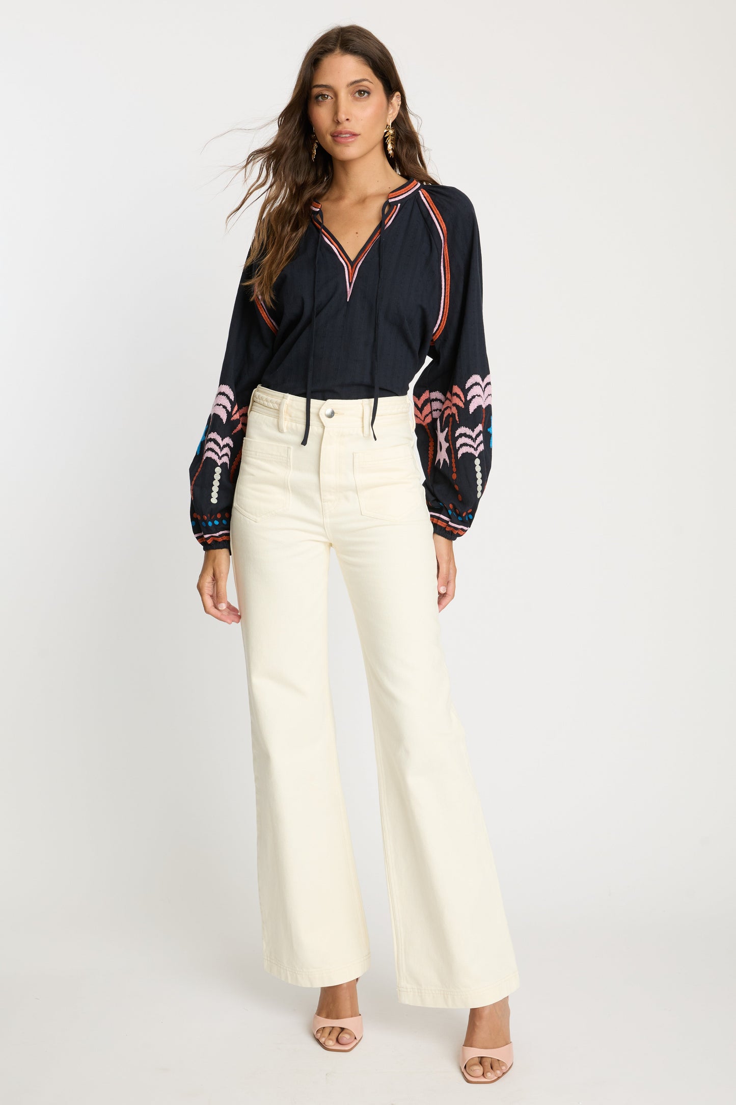 Phoebe Top in Peacoat Navy Palm Embroidery