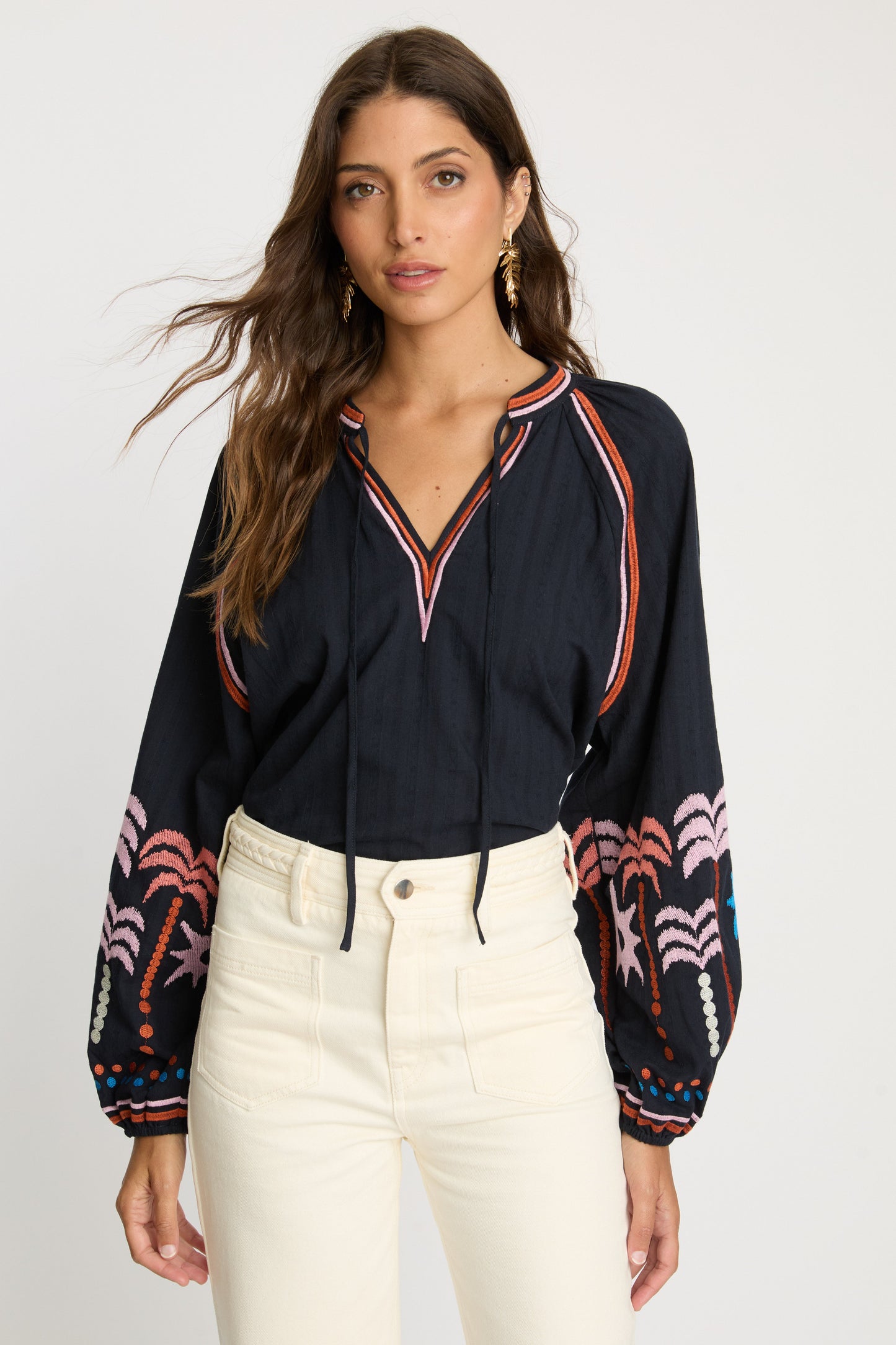 Phoebe Top in Peacoat Navy Palm Embroidery