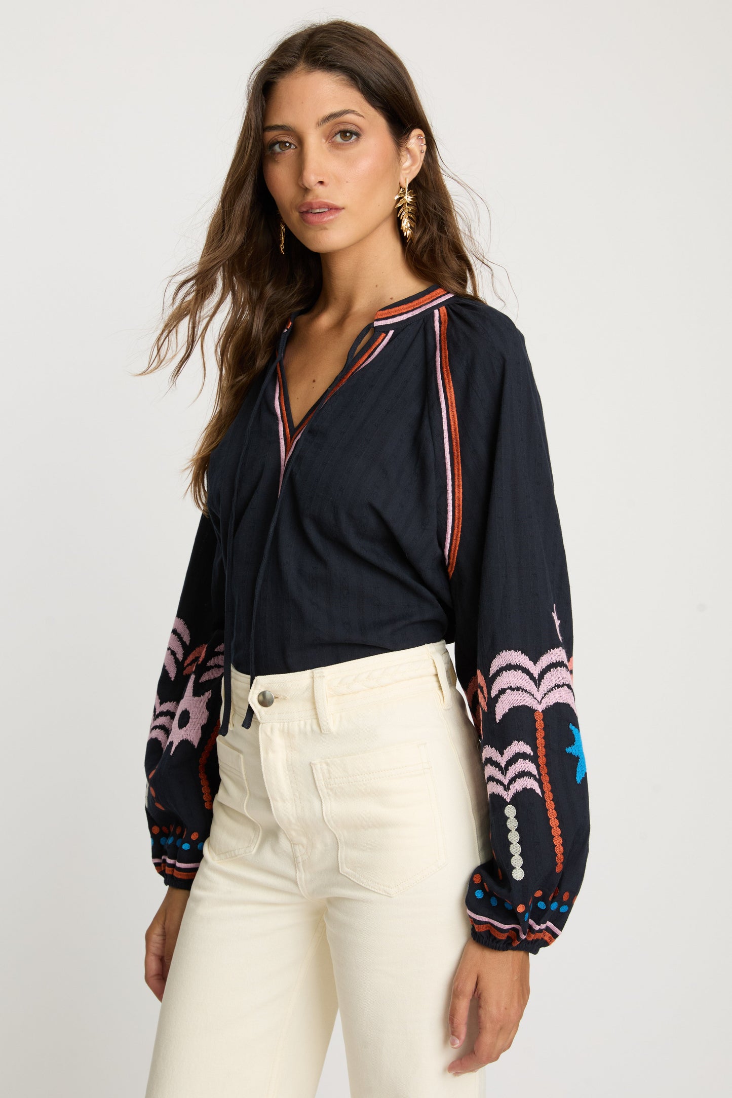 Phoebe Top in Peacoat Navy Palm Embroidery