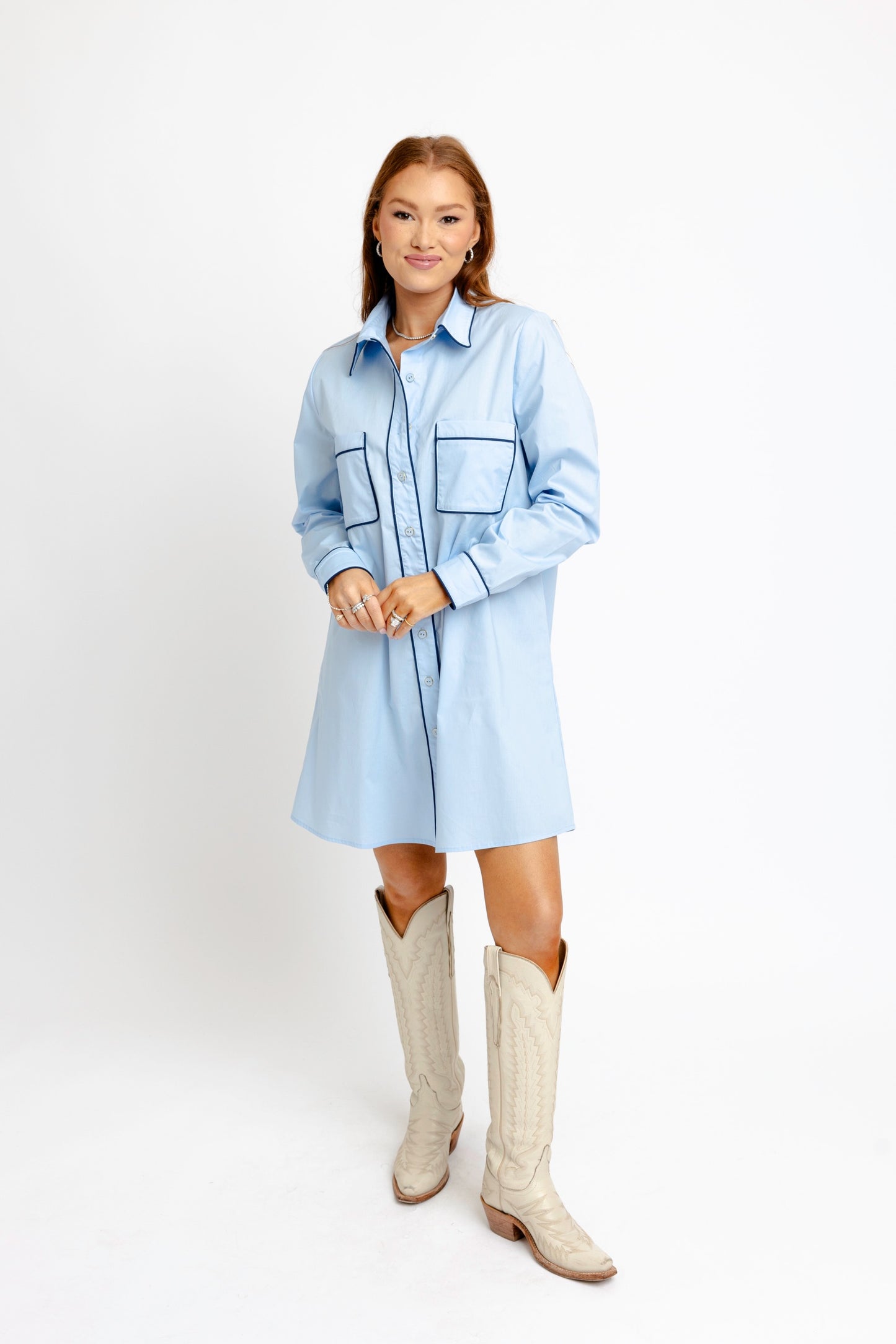 Solid Poplin Contrast Trim Shirt Dress