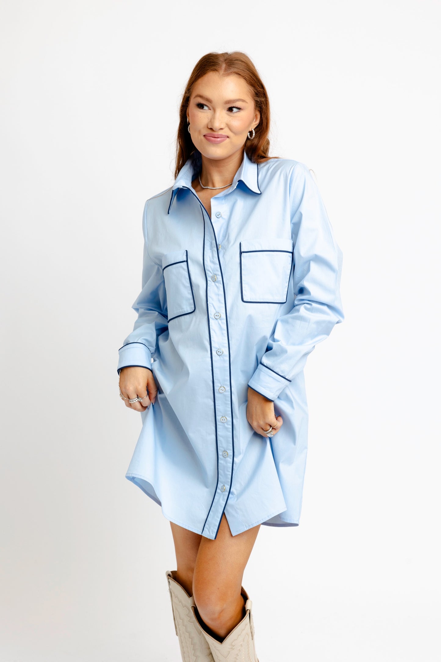 Solid Poplin Contrast Trim Shirt Dress