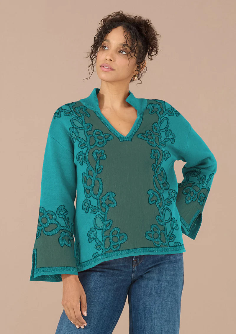 Callie Knit Top in Teal Opulent Floral Jacquard
