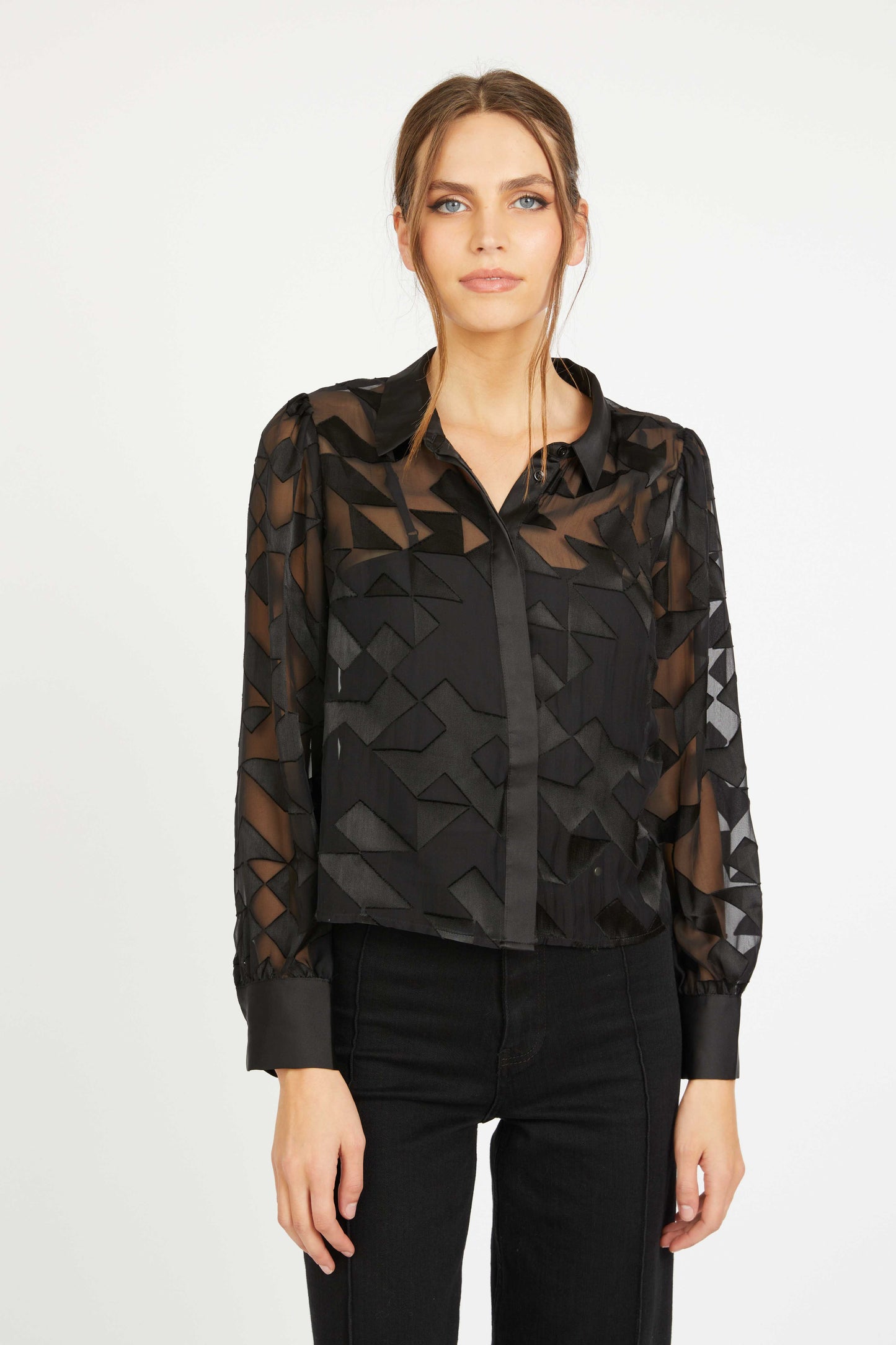 Emmie Top in Black Silk Geo Burnout