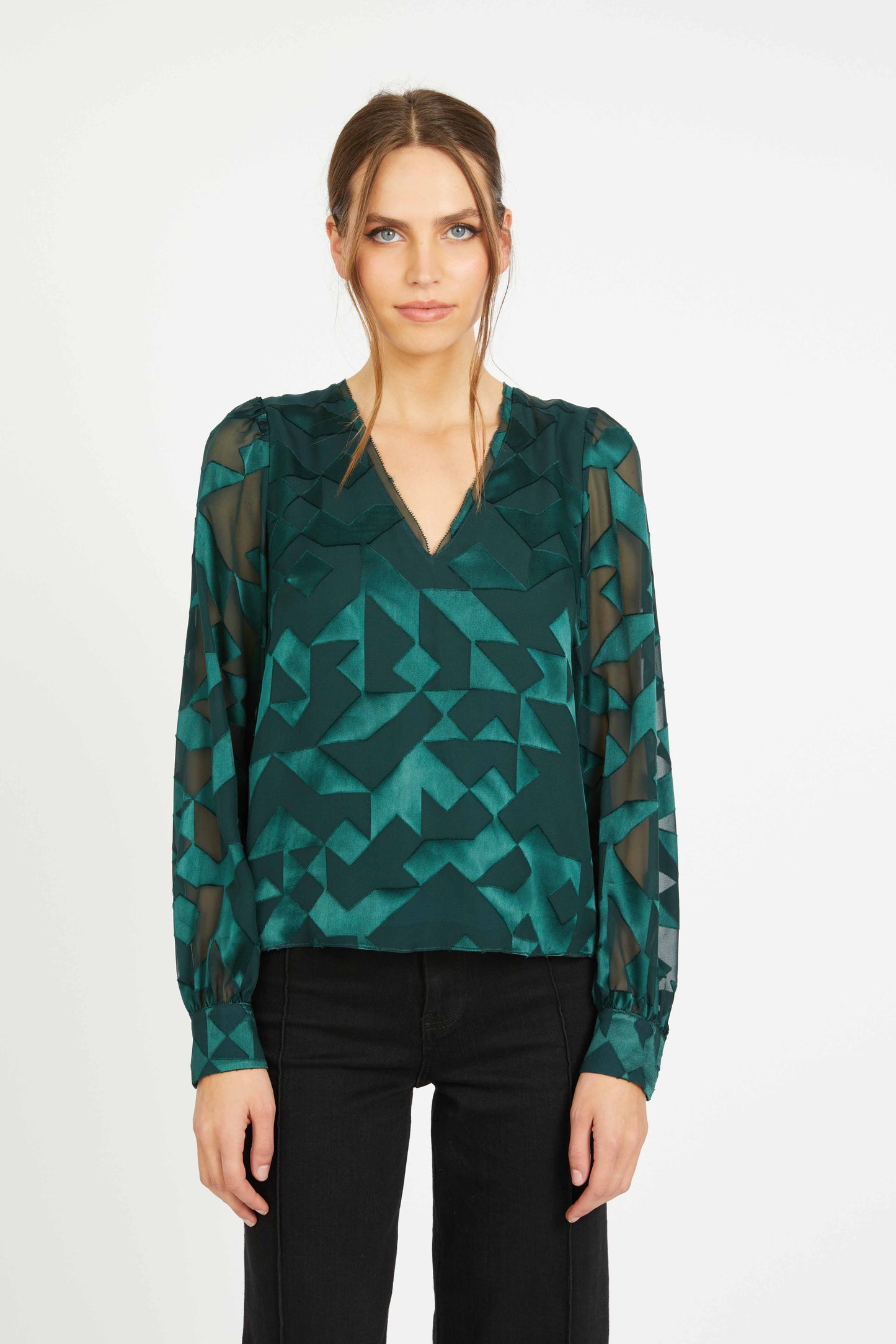 Ruby Top in Sea Moss Silk Geo Burnout