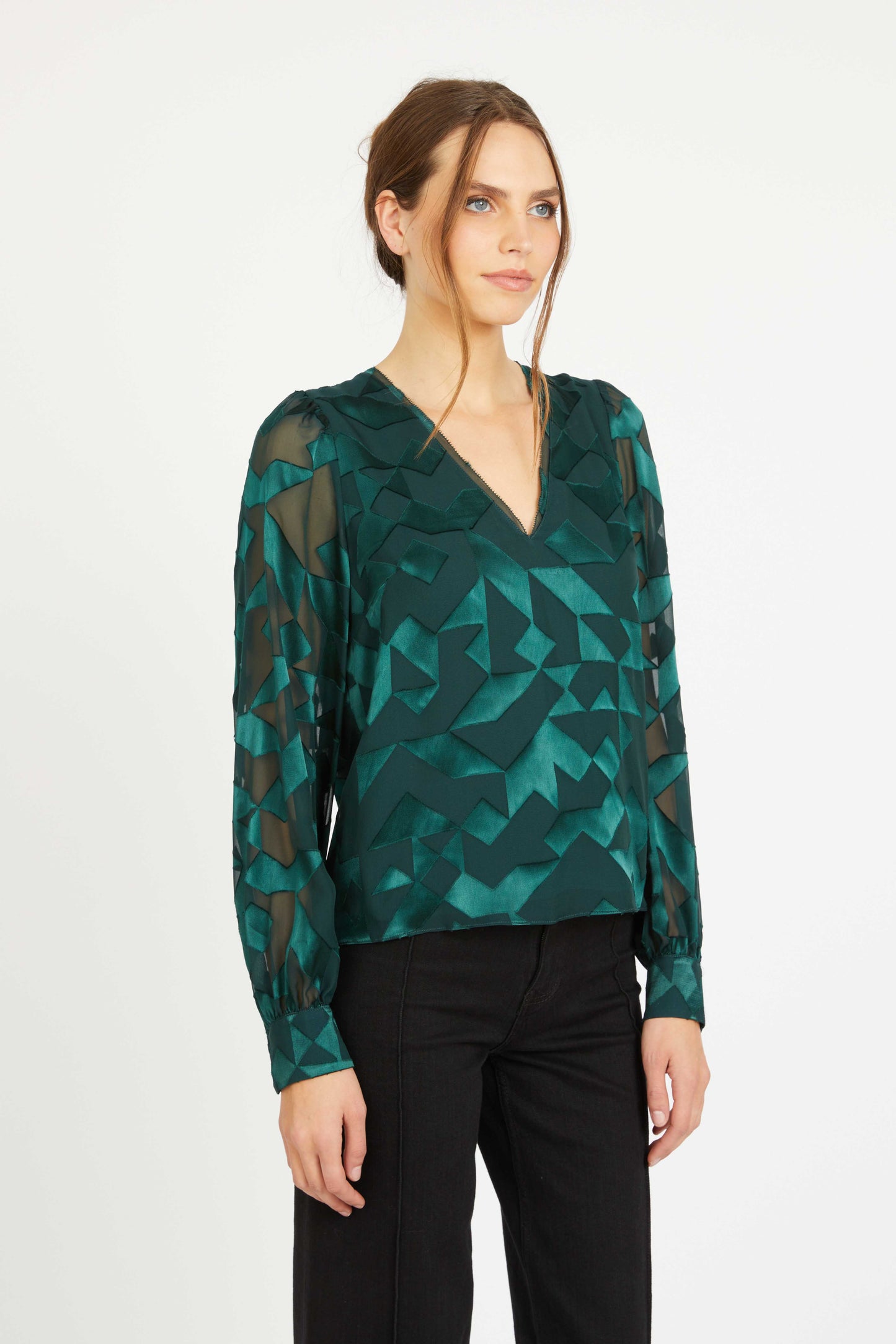 Ruby Top in Sea Moss Silk Geo Burnout