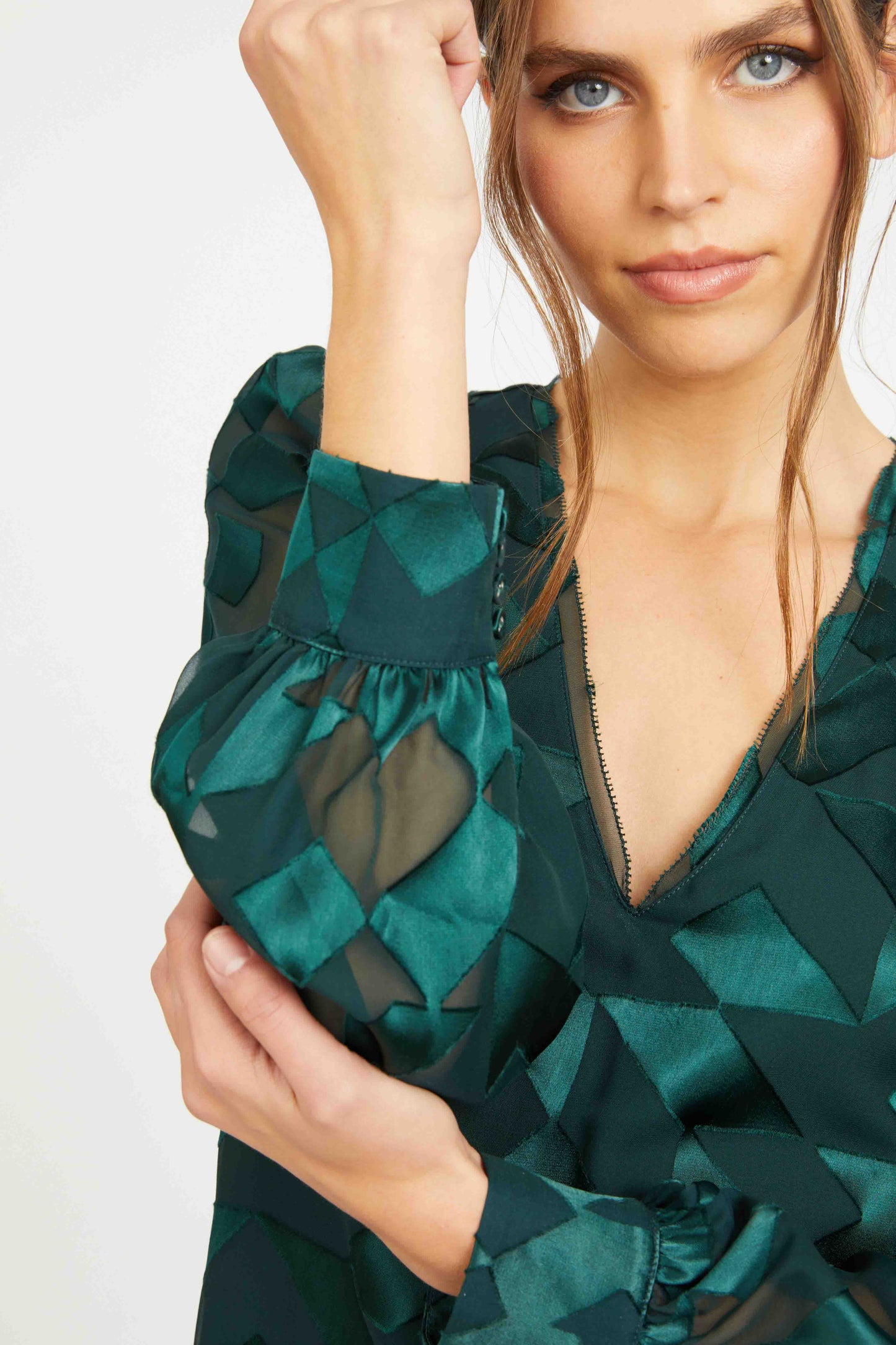 Ruby Top in Sea Moss Silk Geo Burnout