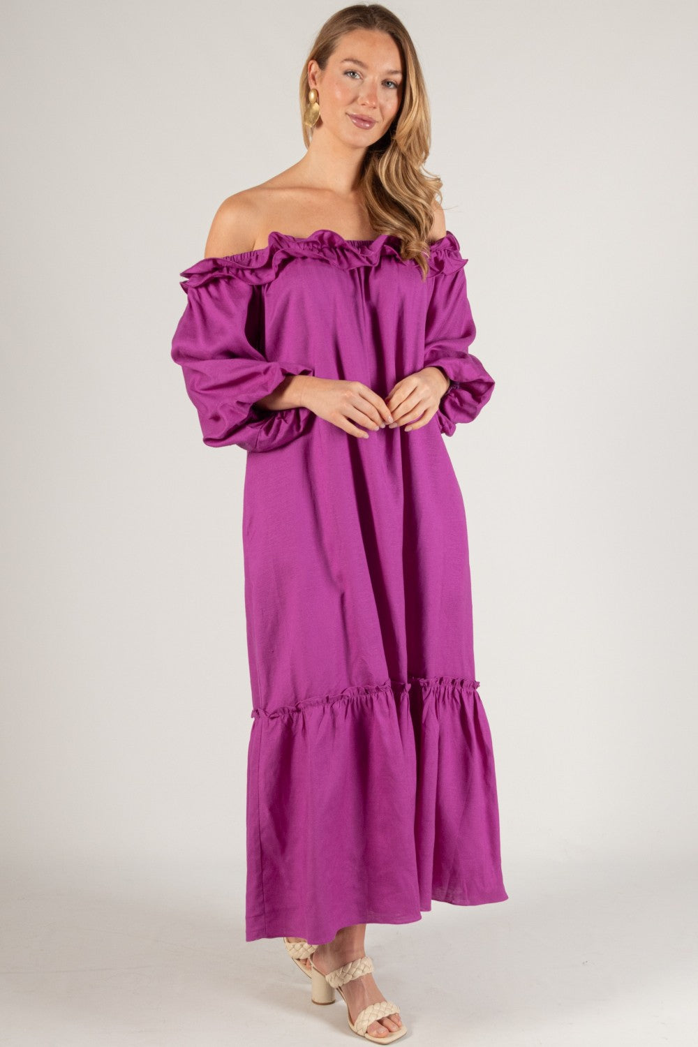 Linen Blend Ruffled Neckline Dress in Orchid