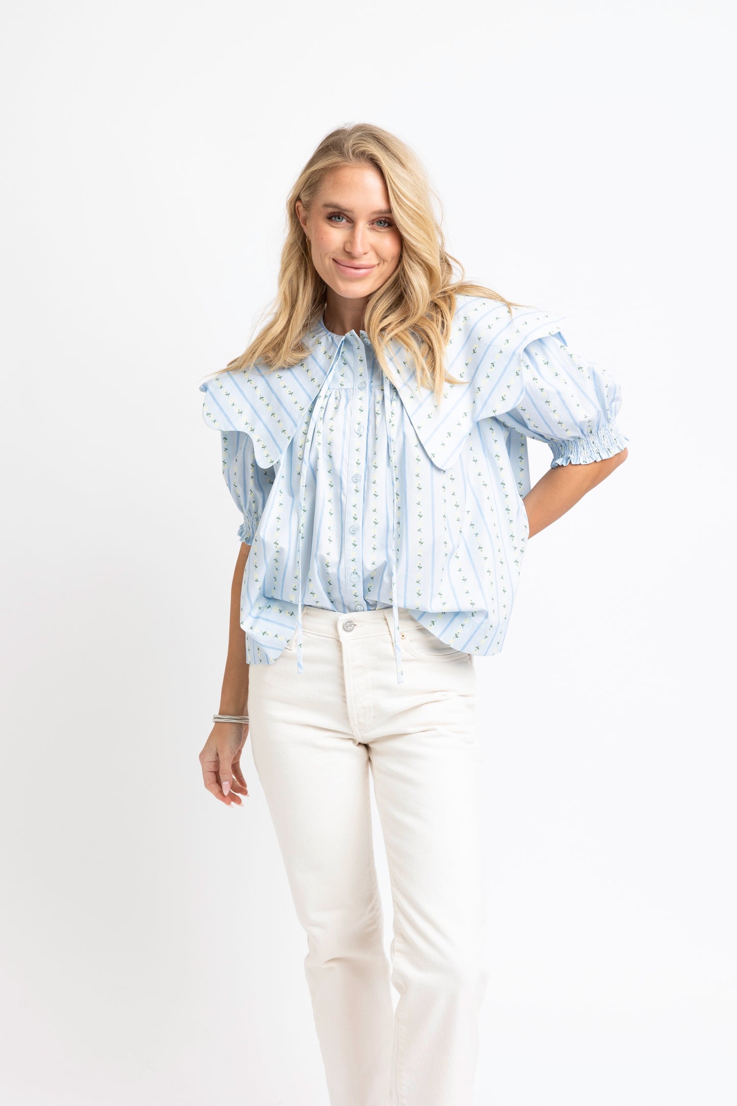Floral Stripe Collar Button Top
