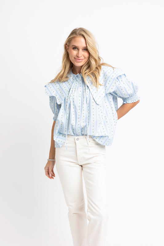Floral Stripe Collar Button Top