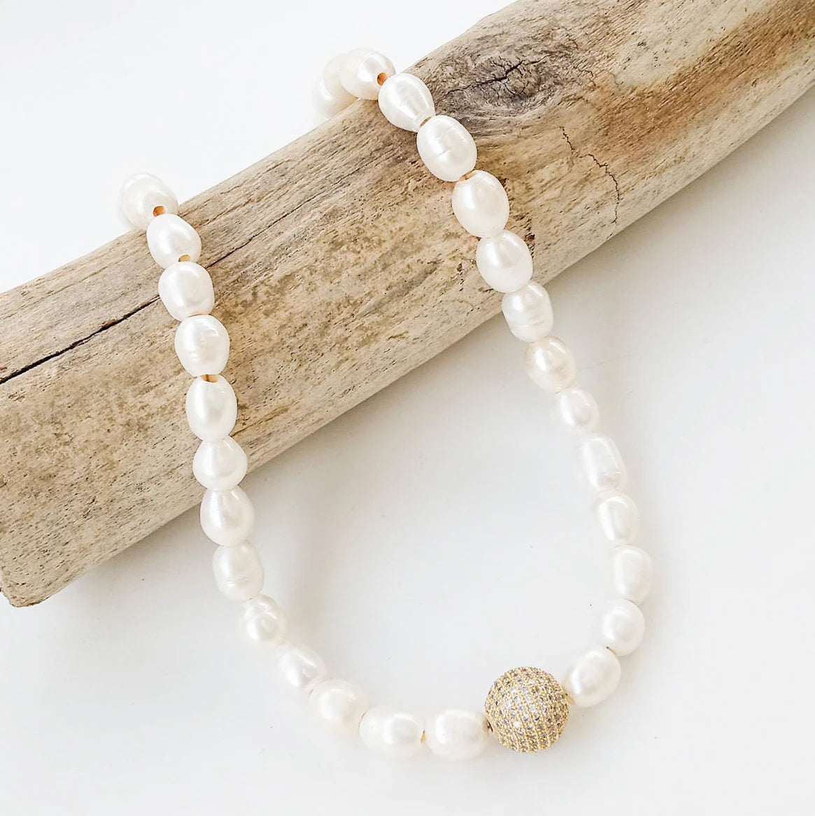 The Kristen Potato Pearl w/ Pave Ball Necklace