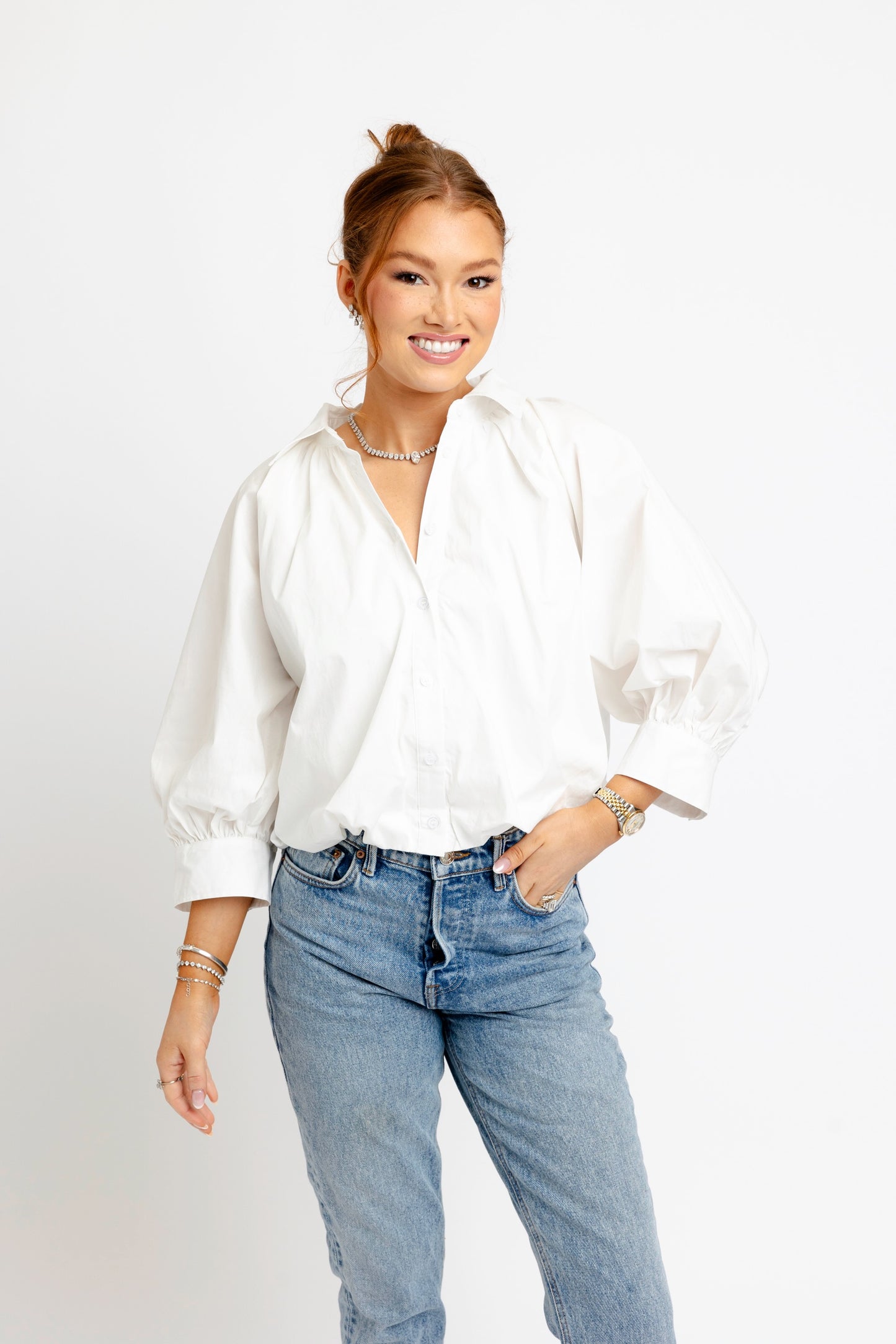 Solid Poplin 3/4 Sleeve Bubble Blouse