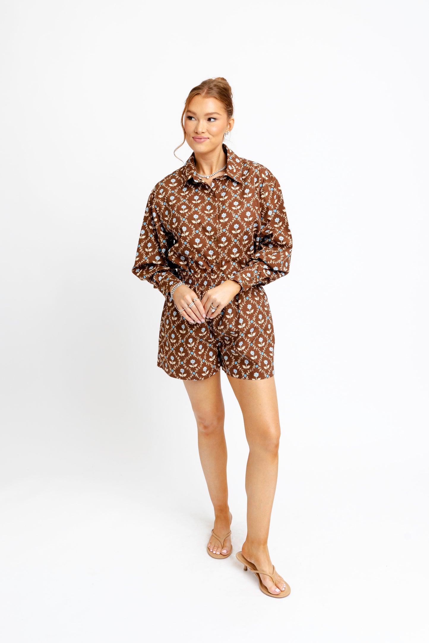 Brown Floral Poplin Button Up Top