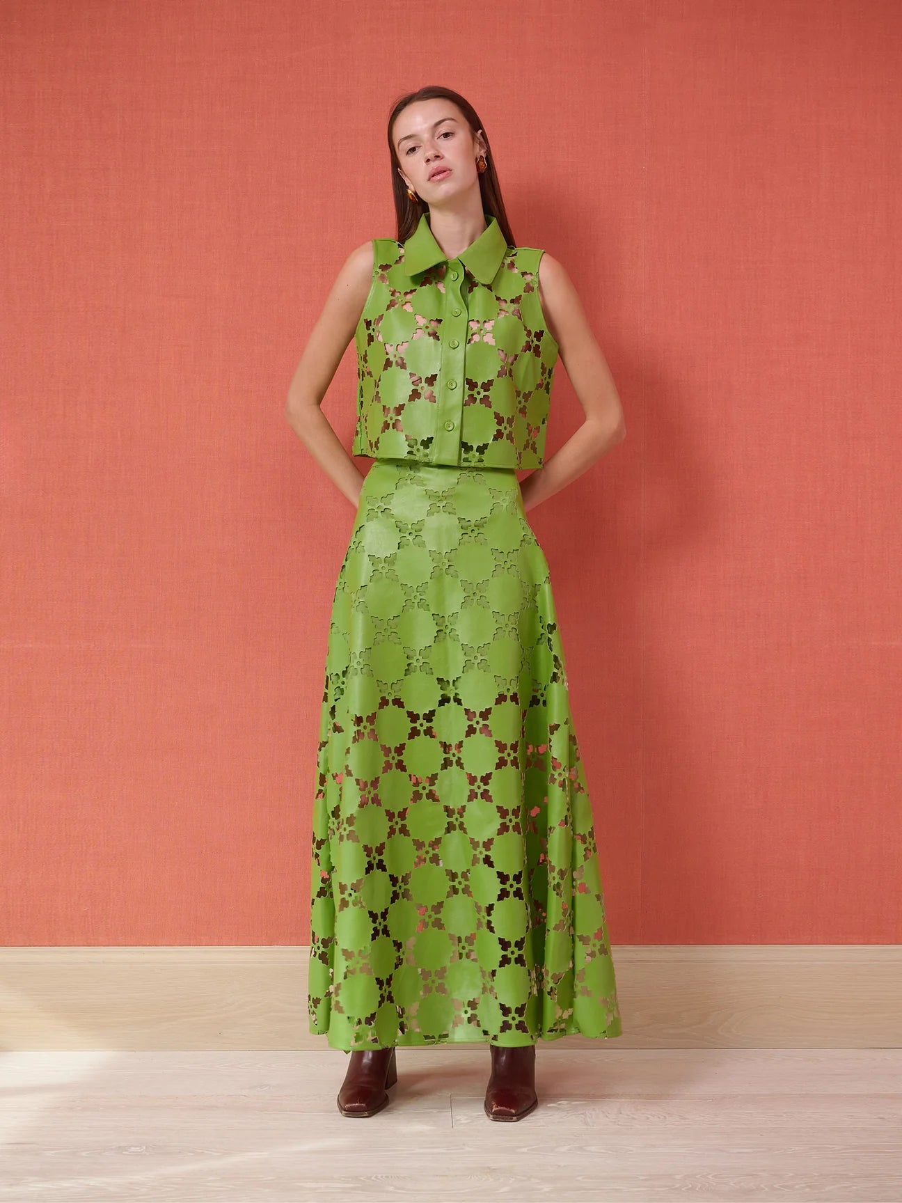Olive Sleeveless Button Down in Laser Cut Green