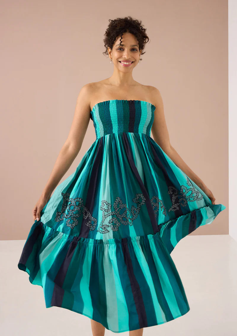 Frida Skirt Dress in Emerald Opulent Embroidered Stripe