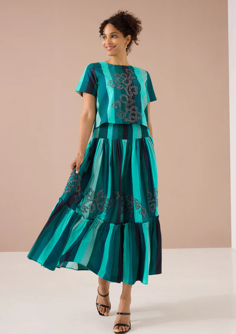 Frida Skirt Dress in Emerald Opulent Embroidered Stripe
