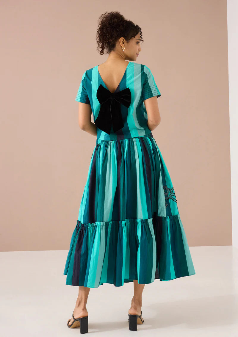 Lynn Top in Emerald Opulent Embroidered Stripe