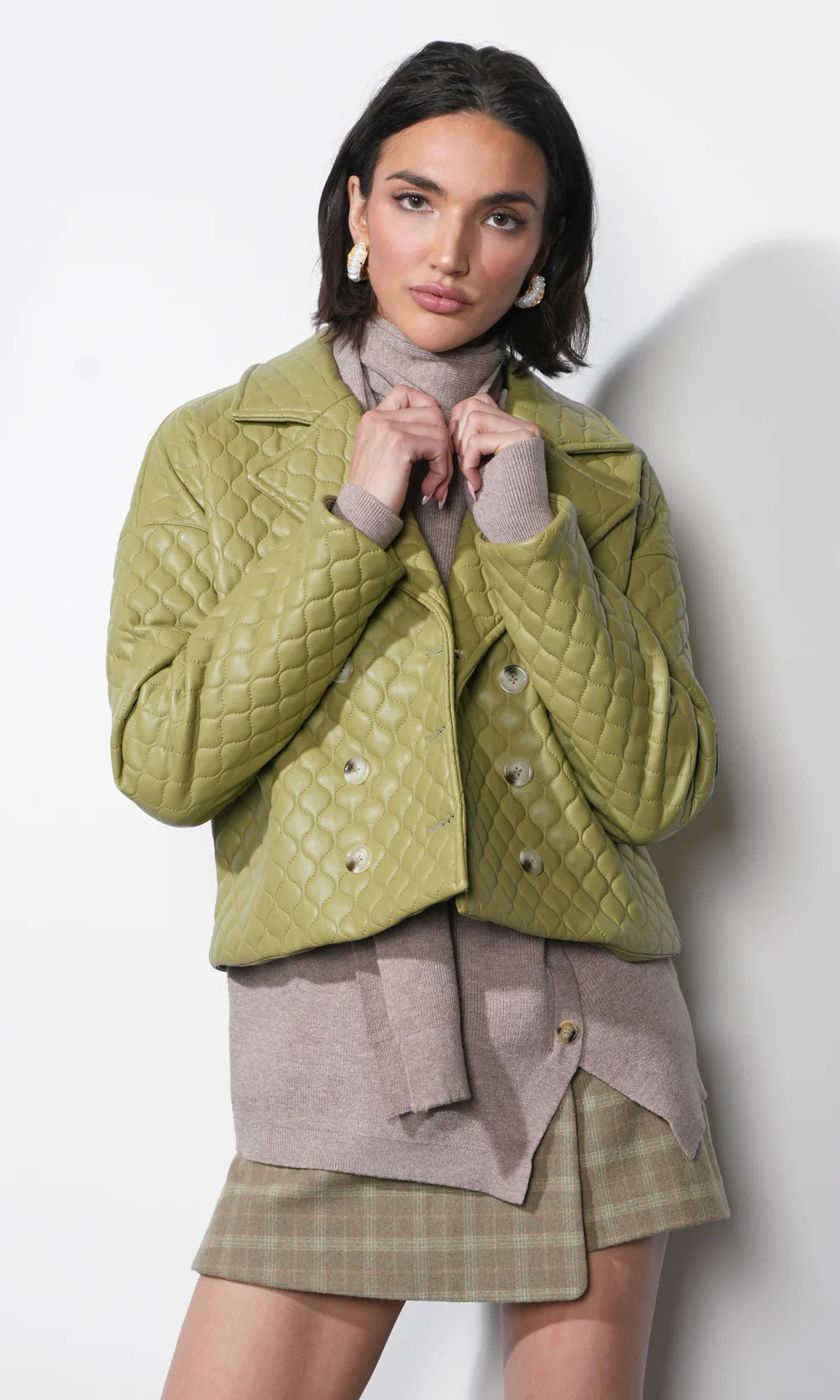 Sandra Quilted Vegan Leather Jacket in Algae Green